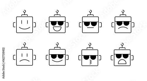 Robot face outline icons set – linear, robotic, machine expressions