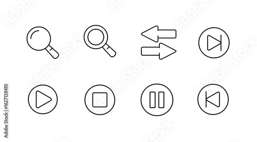 Media controls line icons set – play, pause, forward, and rewind symbols