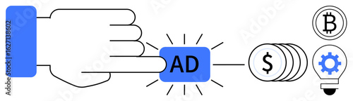 Hand taps glowing ad button connecting to money, cryptocurrency, and ideas. Ideal for advertising, marketing, finance, technology, innovation business strategy digital transformation. Simple flat