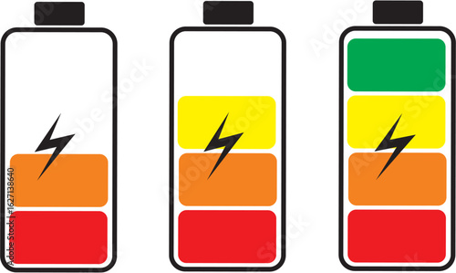 Three battery icons illustrating different charge levels, from low to full, with lightning bolts.