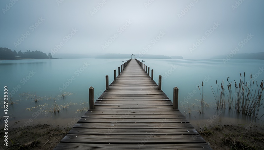 Obraz premium A tranquil, misty lake scene featuring a long wooden pier extending into calm, turquoise water.