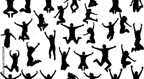 Silhouettes of many different jumping people, seamless pattern. Isolated on white background. 