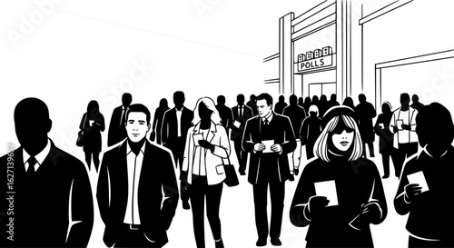 Crowd of people go to the polls to vote. Referendum Silhouette Vector 