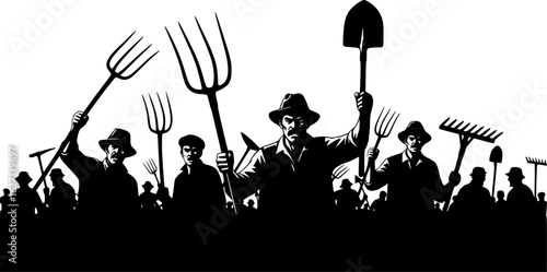 
Crowd of people with a pitchfork shovel rake. Angry peasants protest demonstration. Riot workers vector silhouette 