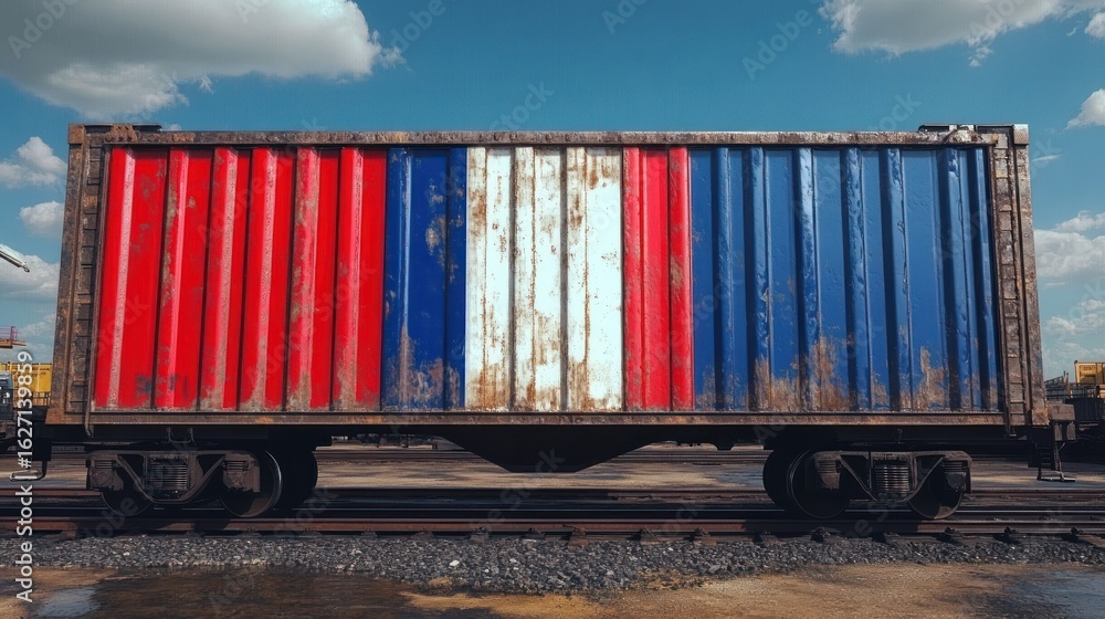 Obraz premium Rusty metal freight container painted with red, white, and blue vertical stripes sitting on train tracks under a partly cloudy sky