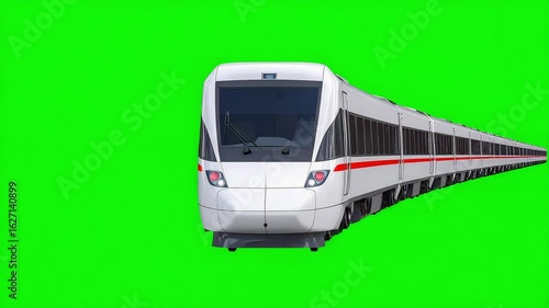 Modern high speed passenger train moving across green screen background