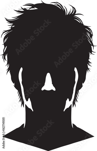 This is a black and white illustration of a person's head and shoulders, the face is obscured and the hair is styled in a tousled manner.