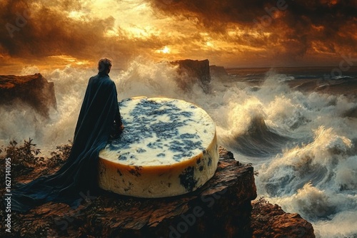 A lone figure in a dark cloak stands on rocky cliffs beside a giant round of blue cheese, gazing out at turbulent crashing ocean waves under a dramatic sunset sky