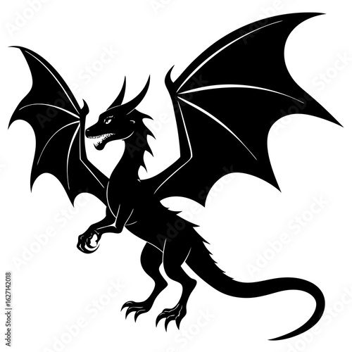Black silhouette of a mythical dragon with large wings spread wide and sharp claws extended