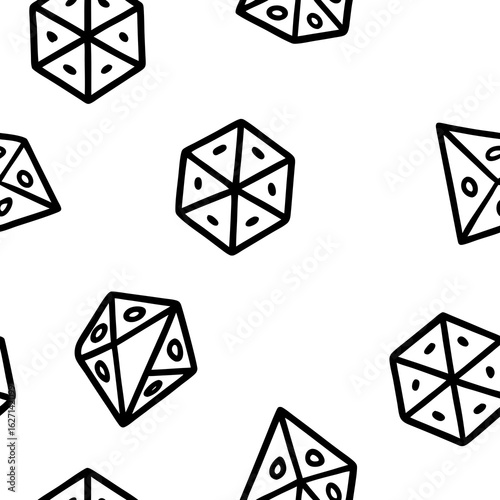 Seamless pattern of hand drawn dice with numbers in a playful doodle style on white background