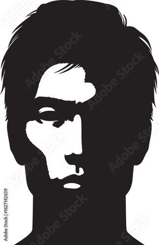 The image is a black and white stylized silhouette of a man's head and shoulders, with his hair styled upwards, his face partially shadowed, and a serious expression.