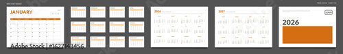 2026 Calendar Planner Set of Template grid Monthly Page, Cover with Place for Photo, Company Logo, Annual 2026, 2027. Vector layout of wall or desk organizer ready print. Week start Monday. Pages A4