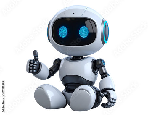 Miniature Round AI Robot Giving Thumbs Up While Sitting Cross-Legged, Side View, Isolated