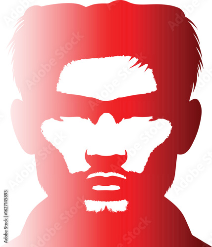 This is a stylized portrait of a man's face, rendered in shades of red with a white negative space outlining his features, emphasizing a strong and serious expression.