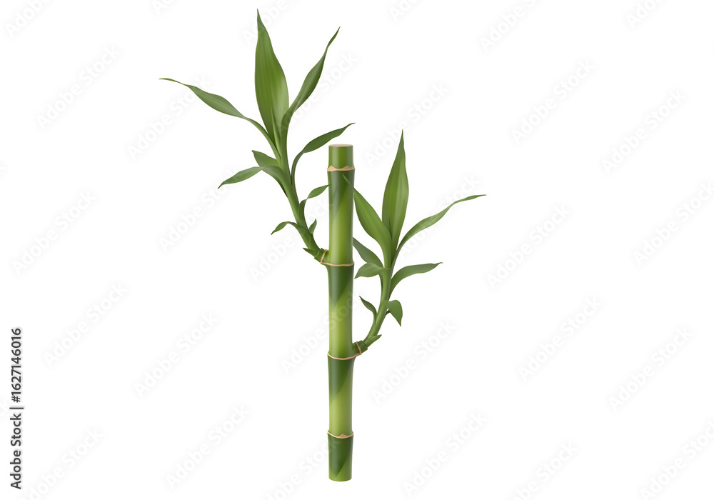 Fototapeta premium Lush bamboo stalk with vibrant green leaves against a black background.