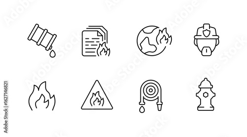 Fire emergency outline icons set – safety, firefighting, rescue symbols
