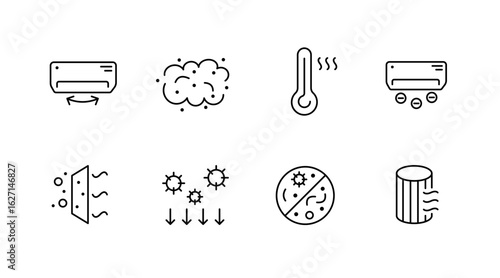 Air conditioning outline icons set – line, climate, temperature control symbols