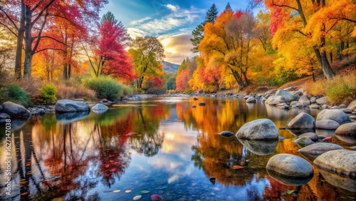 A colorful autumn forest reflects peacefully in a calm lake under a beautiful blue sky