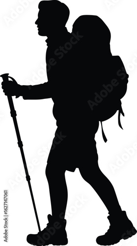 Hiker with backpack and trekking pole silhouette walking