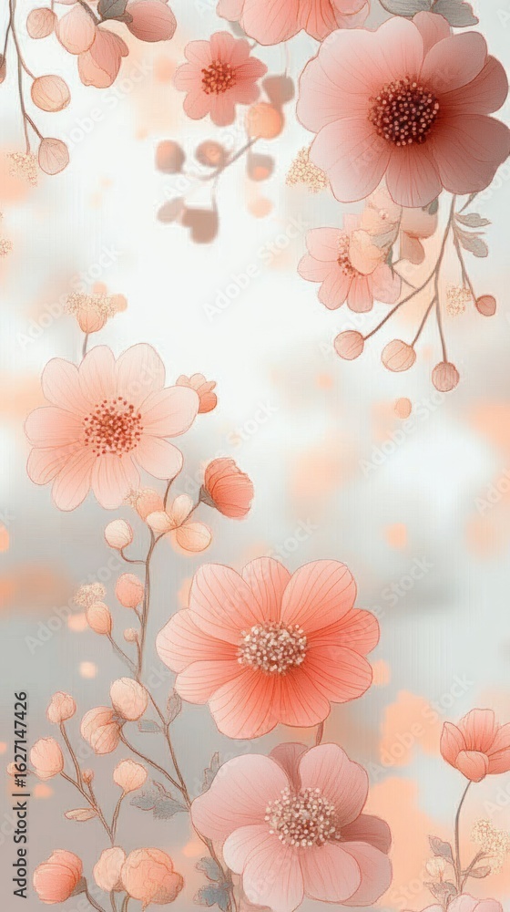 Fototapeta premium Delicate peach and pink flowers with soft petals and buds on slender stems against a light blurred background evoking calm and elegance