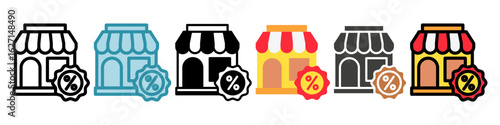 Outlet Store multi style, mini illustration icon. use for modern concept, print, UI, UX kit, web and app development. Vector related to commerce, retail, marketing and shopping.