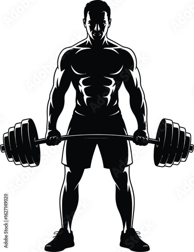 Muscular man lifting heavy barbell athletic weightlifting