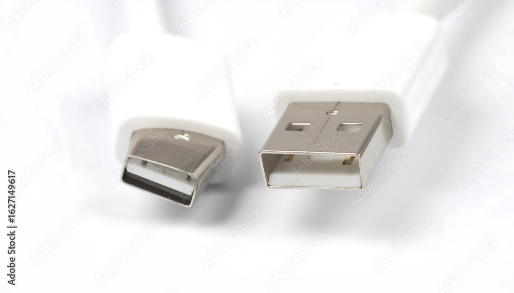 Fototapeta premium Two white USB cables, close-up