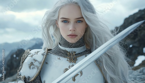 Wallpaper Mural young woman with long white hair wearing ornate silver armor holding a sword with a snowy mountainous background showing a serious and determined expression Torontodigital.ca
