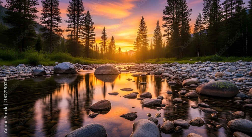 Fototapeta premium Golden Hour Mountain Creek with Vibrant Sunset Reflection