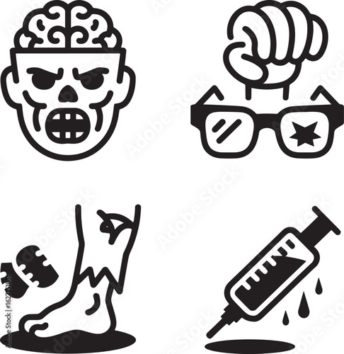 Four stylized black and white zombie icons in a silhouette style representing a brain a severed head with glasses a decaying leg and a bloody syringe