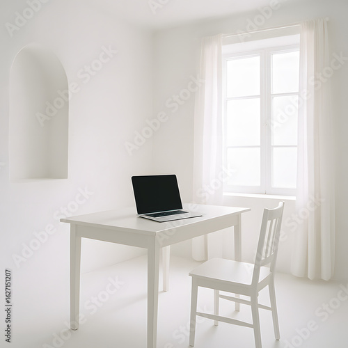 Minimalist home office setup in a bright all-white room with a laptop on a wooden table. Clean and simple workspace for focus and productivity.