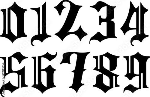A bold and dramatic set of gothic blackletter numbers from 0 to 9 in a sharp, vintage medieval style. Ideal for tattoo design, gothic branding, posters, album covers, and calligraphy projects.