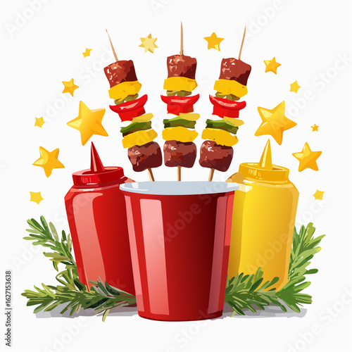Colorful illustration of skewers with grilled meat and vegetables, surrounded by condiments in vibrant colors, celebrating festive gatherings and outdoor barbecues on Labour Day