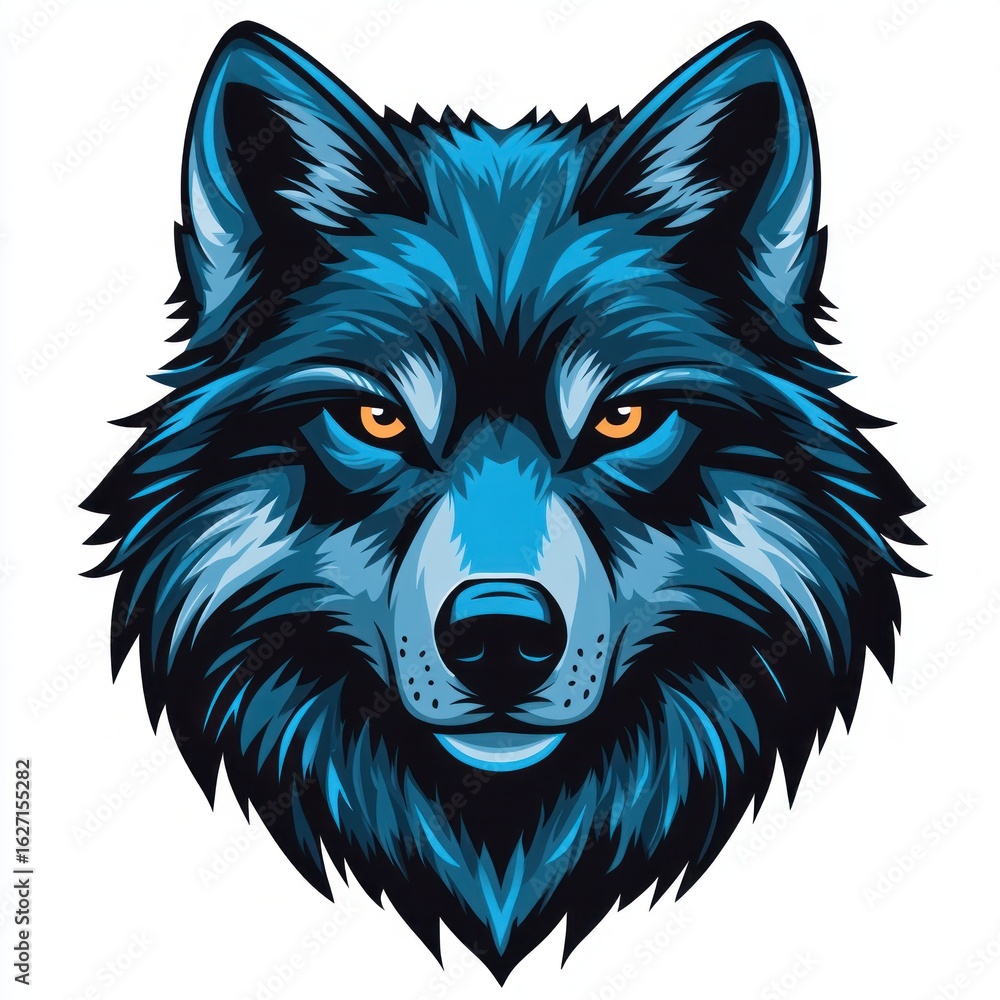 Fototapeta Detailed close-up illustration of a fierce blue wolf face with piercing amber eyes and sharp fur detailing expressing intensity and strength