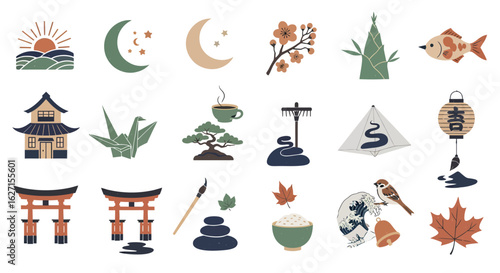 A collection of traditional Japanese cultural icons and symbols. Vector set of Japan's nature, architecture, and lifestyle elements.