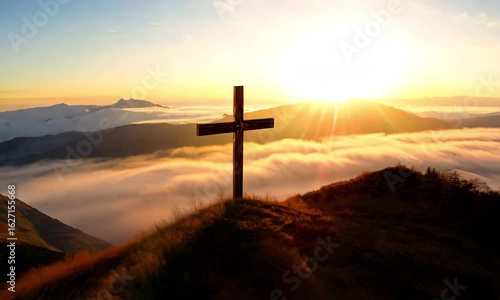 Create a serene landscape featuring a wooden Christian cross prominently positioned on a mountain top