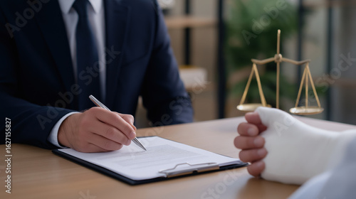 Lawyer consulting injured client with bandaged hand during legal discussion about personal injury law and compensation claim.