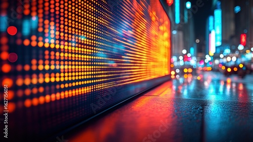 Pixelated Orange Glow from an LED Wall on a Wet, Neon-Lit City Street