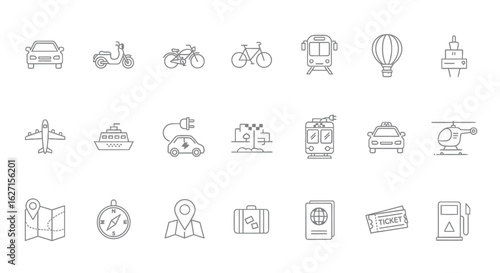 Transport and travel concept. A minimalist set of vector line art icons for journey, tourism, and vehicle themes.
