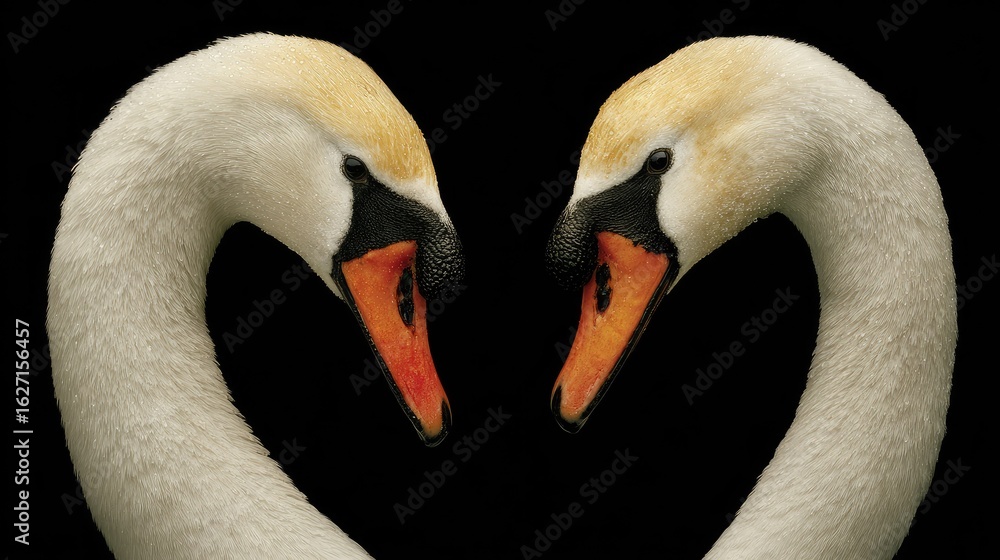 Fototapeta premium Two swans' necks form a heart shape against a black background.