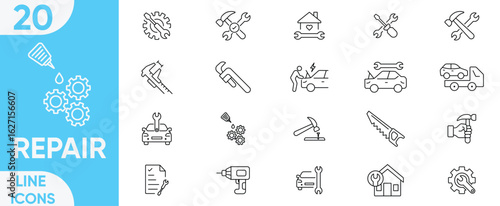 Repair line icon vector and illustrator set.car repair, maintenance, toolbox, car mechanic, home, construction, mechanic and more.vector illustration editable stroke.