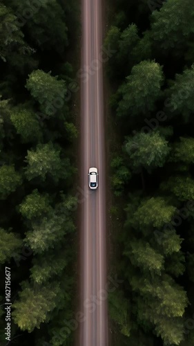 Aerial View Car Driving Through Green Forest Road On Sunny Day