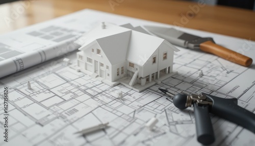 Architectural Model House on Blueprint with Tools