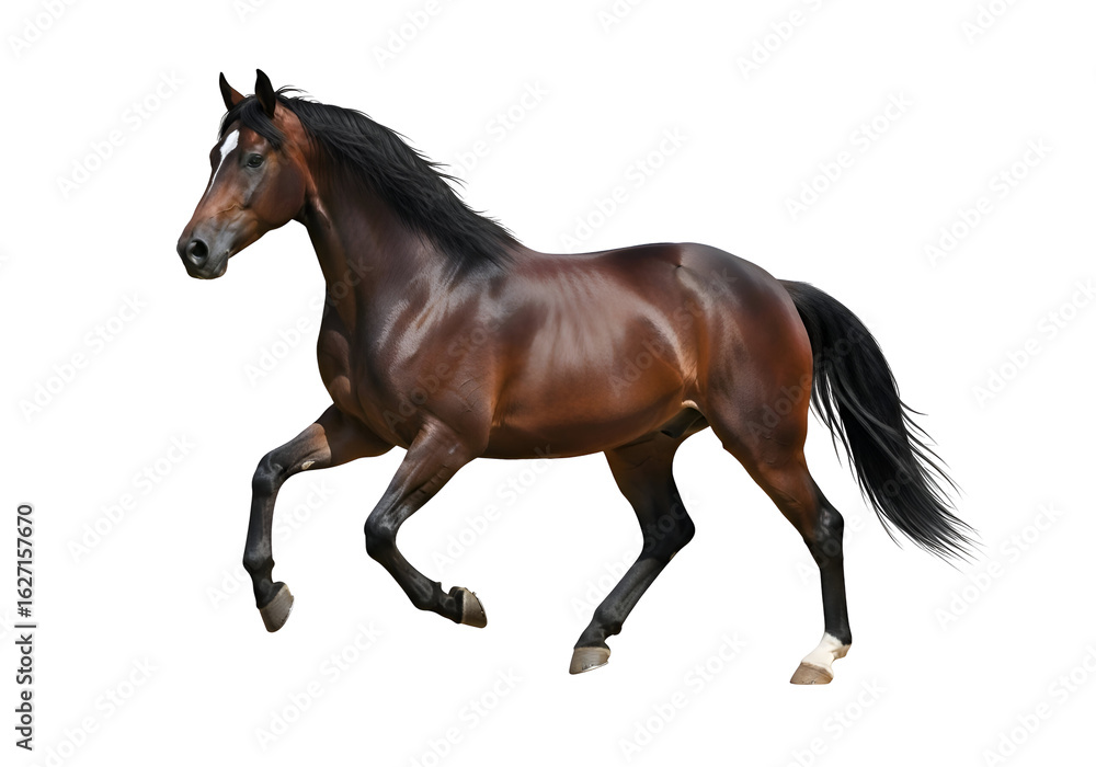 Fototapeta premium Brown horse in motion against a black background.