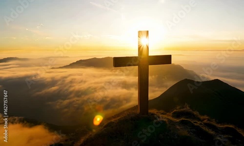 Create a serene landscape featuring a wooden Christian cross prominently positioned on a mountain top