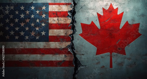 Grunge cracked wall featuring the flags of the United States and Canada side by side symbolizing division or contrast