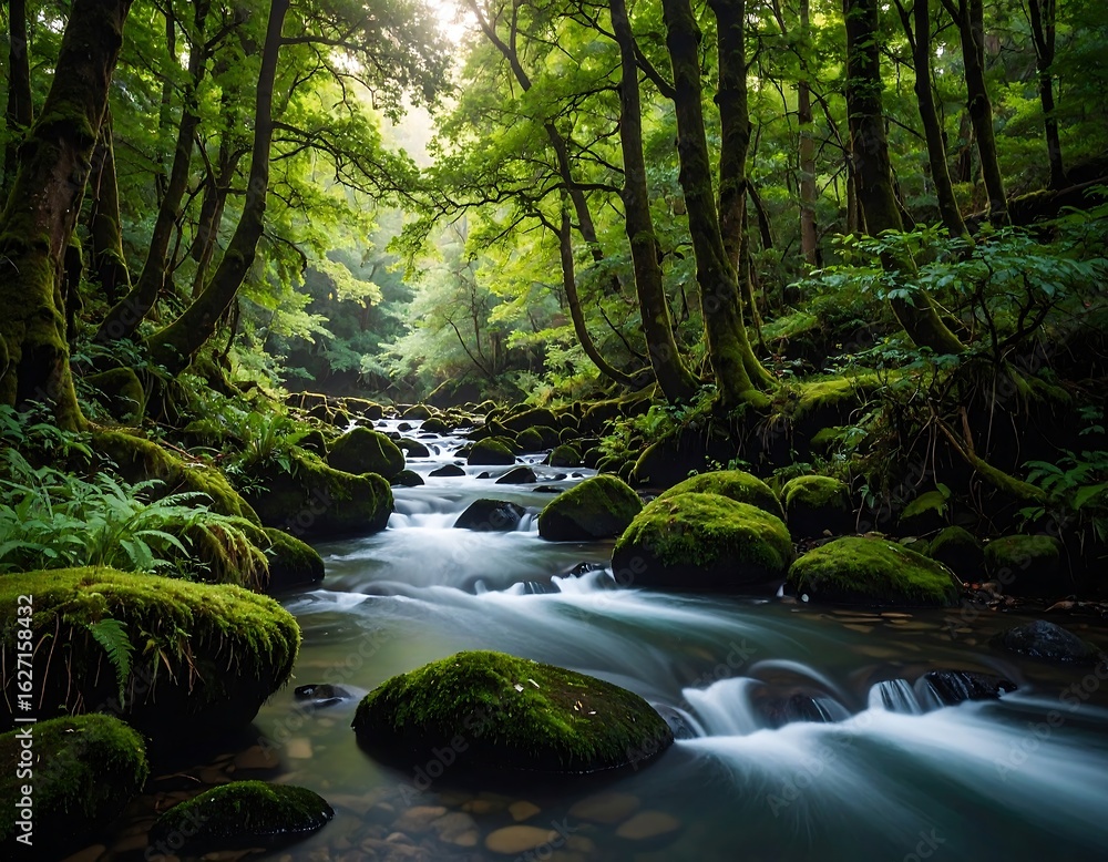 Naklejka premium Lush forest stream. Sunlight filters through trees