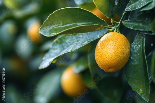 Wallpaper Mural Bright ripe orange kumquats hanging on a wet green leafy branch with water droplets Torontodigital.ca
