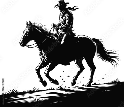 Cowboy riding horse galloping western