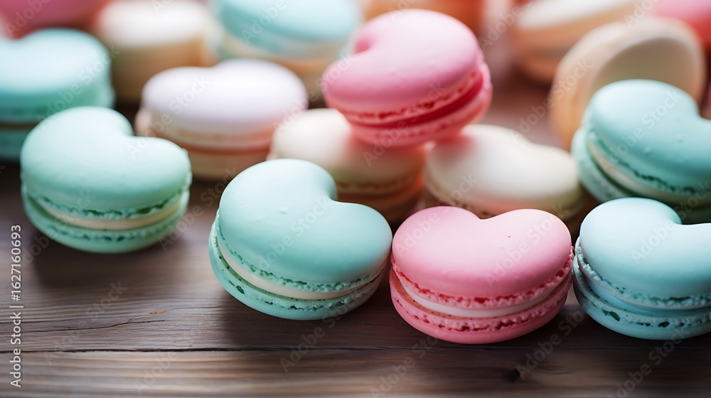 Fototapeta premium Colorful HeartShaped Macarons Pink, Teal, and White French Macarons on Wooden Surface